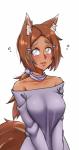 bare_shoulders blush bodily_fluids breasts brown_hair clothed clothing collarbone female flying_sweatdrops hair heterochromia ponytail shirt simple_background solo sweat sweatdrop tan_body tan_skin topwear white_background twrlare animal_humanoid canid canid_humanoid canine canine_humanoid fox_humanoid humanoid mammal mammal_humanoid 2019