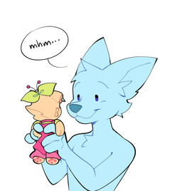 anthro blue_body character_plushie clothed clothed_female clothing dot_eyes duo female floppy_ears fluffy_ears holding_object holding_plushie male neck_tuft pivoted_ears plant plant_hair plushie pseudo_hair simple_background simple_eyes smile snout speech_bubble text tuft white_background cherry_beries berri_(cherry_beries) canid canine canis domestic_dog mammal hi_res