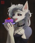 anthro black_clothing black_nails blonde_hair cake clothing collar colored_nails dessert fangs female fingers food fur grey_body grey_fur hair long_hair nails red_eyes solo teeth tongue whitebaloo helluva_boss loona_(helluva_boss) 4:5 absurd_res hi_res