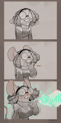 anthro blush breast_expansion breasts clothing curly_hair expansion eyewear female glasses hair healing milk solo sweater topwear burhuru page_(burhuru) mammal mouse murid murine rodent absurd_res comic hi_res