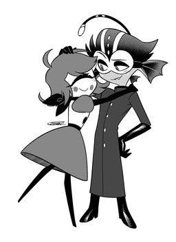 anthro blush blush_lines clothed clothing duo ear_fins eyelashes eyewear female fin freckled_face freckles glasses headpat hug long_eyelashes lure_(anatomy) male simple_background white_background enaic31 hazbin_hotel hellaverse baxter_(hazbin_hotel) niffty_(hazbin_hotel) anglerfish aquatic cyclops demon demon_humanoid fish humanoid hi_res monochrome