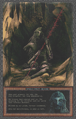 corpse detailed_background dialogue female hair holding_object holding_weapon horror_(theme) not_furry severed_body_part severed_limb solo text weapon wire wounded plastiboo godhusk biomechanical humanoid vessel_(godhusk) english_text official_art
