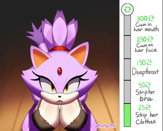 amber_eyes anthro big_breasts black_bra black_clothing black_underwear bouncing_breasts bra breasts clothing female kneeling purple_body solo strip_game torn_clothing underwear battyzbit sega sonic_the_hedgehog_(series) blaze_the_cat felid feline mammal animated no_sound short_playtime video