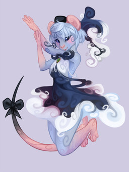 accessory anthro blue_eyes bow_(feature) bow_accessory bow_ribbon brooch clothed clothing dress female fur furgonomics grey_background grey_body grey_fur grey_hair hair hat headgear headwear looking_at_viewer open_mouth pink_nose ribbons simple_background smoke solo tail tail_accessory tail_bow tail_ribbon demicoeur calligraphy_(character) inkstainedrat mammal murid murine rat rodent 2013 digital_media_(artwork)