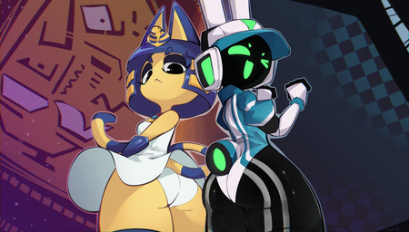 anthro armwear bangs big_butt black_body blue_body blue_ears blue_eyebrows blue_fur blue_hair blue_jumpsuit breasts butt checkered checkered_background circle_eyebrows closed_frown clothed clothing dress duo elbow_gloves electronics eyebrow_through_hair eyebrows eyelashes female fingerless_gloves frown frowning_at_viewer fur gloves green_eyebrows green_eyes green_mouth hair half-closed_eyes handwear hat head_accessory headgear headphones headwear huge_thighs looking_at_viewer looking_down looking_down_at_viewer low-angle_view markings medium_breasts mouth_closed multicolored_jumpsuit narrowed_eyes panties pattern_background side_by_side simple_background smile smiling_at_viewer striped_body striped_markings striped_tail stripes tail tail_markings thick_thighs translucent translucent_hair underwear upskirt uraeus visor_cap white_clothing white_dress white_ears white_jumpsuit white_panties white_underwear wide_hips yellow_body yellow_fur yellow_inner_ear imerald animal_crossing nintendo project_turboblast ankha_(animal_crossing) tempo_(project_turboblast) domestic_cat felid feline felis lagomorph leporid mammal rabbit robot_anthro 2026 absurd_res crossover hi_res hieroglyphic_text shaded widescreen
