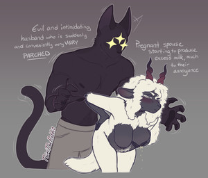 3_eyes anthro areola black_body black_fur black_nose blush blush_lines bodily_fluids body_hair bottomwear breast_squish breasts claws clothed clothing duo ear_twitch eyelashes female fur hair hand_on_hip happy_trail horn lactating leaning leaning_forward long_hair long_tail looming_over male male/female milk mischievous multi_eye nipples pants pawpads pouting pregnant pregnant_female scar spiral_horn squish star_oculama tail text topless white_body white_eyelashes wool_(fur) wool_hair thiritherabbit cult_of_the_lamb massive_monster_(studio) lamb_(cult_of_the_lamb) narinder bovid caprine domestic_cat felid feline felis mammal sheep digital_drawing_(artwork) digital_media_(artwork) english_text hi_res demigirl_(lore) nonbinary_(lore)