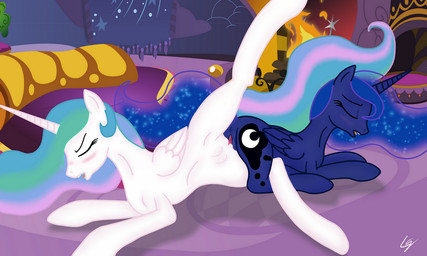 anus blue_body blue_feathers blush bodily_fluids cutie_mark duo eyes_closed feathered_wings feathers female female/female feral feral_on_feral genital_fluids genitals horn inside lying moon nude open_mouth princess raised_leg royalty sex spread_legs spreading sun tail teats tribadism vaginal vaginal_fluids vulva white_body white_feathers wings lowgravity friendship_is_magic hasbro my_little_pony mythology princess_celestia_(mlp) princess_luna_(mlp) equid equine mammal mythological_creature mythological_equine winged_unicorn 5:3 incest_(lore)