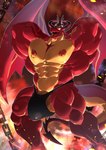 4_eyes anthro balls barazoku biceps big_balls big_muscles big_pecs big_penis bodily_fluids bulge clothing erection flexing genital_fluids genitals glistening_abs grin horn huge_penis humanoid_genitalia humanoid_penis male membrane_(anatomy) membranous_wings multi_eye muscular muscular_anthro muscular_male muscular_thighs nipple_chain nipple_piercing nipple_ring nipples nude pecs penis piercing pose precum ring_piercing smile solo spiked_tail spikes spikes_(anatomy) sweat tail text thong underwear vein veiny_penis wings yellow_eyes sharkinn helluva_boss mythology satan_(helluva_boss) demon dragon mythological_creature mythological_scalie scalie 2024 english_text hi_res