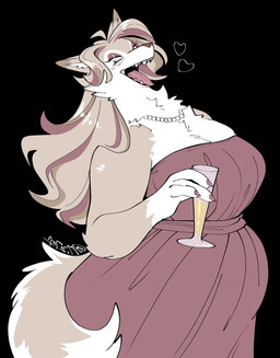 alcohol anthro belly beverage black_background blue_eyes blush breasts cleavage clothed clothing colored_nails dress female fur gem hair heart_symbol holding_alcohol holding_beverage holding_object jewelry kemono long_hair nails necklace open_mouth open_smile overweight pearl_(gem) pearl_necklace sharp_teeth simple_background slightly_chubby slightly_chubby_anthro slightly_chubby_female smile solo tail tan_body tan_fur tan_hair teeth tongue white_body white_fur mochimochiland meg_(suda) canid canine mammal hi_res signature