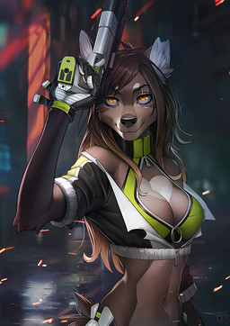 5_fingers amber_eyes anthro bad_trigger_discipline black_nose blurred_background bra breasts brown_body brown_fur brown_hair cleavage clothed clothing cropped_jacket day detailed_background female fingers fur gun hair handgun holding_gun holding_object holding_ranged_weapon holding_weapon midriff navel notched_ear orange_eyes outside pistol ranged_weapon scar smile solo standing underwear weapon wildering wyla_(character) canid canine canis mammal wolf digital_media_(artwork) shaded