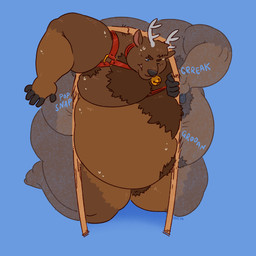 5_fingers anthro antlers armpit_hair bell bell_collar belly big_belly big_moobs black_nose blue_background blue_eyes body_hair brown_body brown_ears brown_fur brown_head chest_tuft chubby_arms collar damage damaged damaged_doorway dark_tuft doorway fat_arms fat_face feet fingers fur grey_fingers hand_on_doorway hand_on_wall harness hooved_fingers hooves horn in_doorway male male_anthro moobs nude nude_anthro nude_male obese obese_anthro obese_male oversized_for_doorway overweight overweight_anthro overweight_male pink_inner_ear red_collar red_harness simple_background solo squeezing_through_doorway struggling struggling_to_fit text toes tuft wood_doorway emmbunn heli_(heliguy) deer mammal new_world_deer white-tailed_deer 1:1 absurd_res english_text hi_res male_(lore)