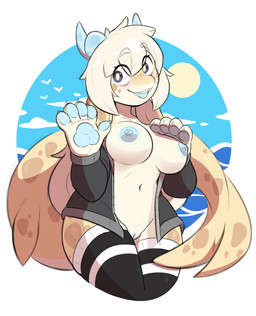 anthro areola big_tail blonde_hair blue_areola blue_eyes blue_horn blue_nipples blue_vulva breasts clothed clothing female genitals hair handpaw horn jacket legwear looking_at_viewer navel nipples open_clothing open_mouth open_smile open_topwear pawpads paws smile solo tail teeth thigh_highs topwear vulva domasarts mythology nami_(teranen) aquatic cetacean dolphin dragon hybrid mammal mythological_creature mythological_scalie oceanic_dolphin orca scalie toothed_whale 2022 absurd_res digital_media_(artwork) hi_res