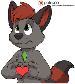 anthro black_ears black_nose black_tail cheek_tuft chest_tuft facial_tuft front_view fur gesture glistening glistening_eyes green_eyes grey_body grey_fur hair heart_gesture looking_up male markings mouth_closed nude red_hair red_tail short_hair simple_background solo striped_markings striped_tail stripes tail tail_markings text tuft white_background young young_anthro young_male pandapaco canid canine mammal half-length_portrait portrait url
