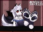 5_toes absurd_res anthro black_pawpads black_stirrup_socks blue_clothing blue_shirt blue_topwear brunisdraws canid canid_demon canine chair cheek_tuft claws clothed clothing collar crossed_feet crossed_legs demon ear_piercing ears_up facial_tuft feet female fluffy fluffy_tail foot_fetish foot_focus foot_on_table footwear furniture glistening glistening_pawpads hair happy hellhound helluva_boss hi_res humanoid_feet lights loona_(helluva_boss) mammal mythological_canine mythological_creature mythology pawpads paws piercing plantigrade red_eyes shaded shadow shirt signature socks solo stirrup_footwear stirrup_legwear stirrup_socks stirrup_stockings stirrups table tail toe_claws toes topwear tuft white_body white_eyes white_hair