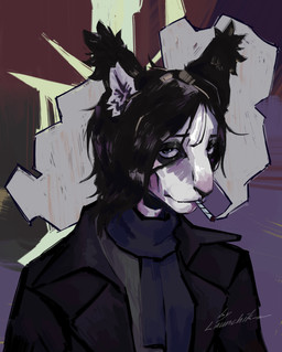 abstract_background alternative_fashion anthro back_markings black_body black_clothing black_coat black_ears black_fur black_hair black_nose black_shirt black_topwear black_trenchcoat blue_eyes blue_scarf cigarette cigarette_in_mouth cigarette_smoke clothed clothed_anthro clothed_male clothing coat depressing depression depressive drugs ear_markings emo emo_haircut eye_markings eyebrows fully_clothed fully_clothed_anthro fully_clothed_male fur goth grey_body grey_fur grey_markings hair head_markings inner_ear_fluff long_hair looking_at_viewer male marijuana markings multicolored_body multicolored_fur object_in_mouth plantigrade sad scarf shirt skinny slim slim_anthro slim_male small_waist smoke solo standing topwear trench trenchcoat tuft upset white_body white_chest white_fur launchik00 disco_elysium eric_martins mammal rodent sciurid tree_squirrel 2026 absurd_res colored digital_drawing_(artwork) digital_media_(artwork) hi_res painting_(artwork) portrait