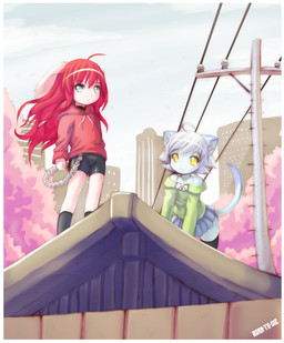 anthro blouse bottomwear cherry_blossom chibi clothing detailed_background duo female flower hoodie miniskirt plant power_lines prunus_(flower) simple_background skirt topwear wind born-to-die ari_(btd) chicle domestic_cat felid feline felis lagomorph leporid mammal rabbit