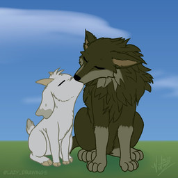 2_horns black_body black_ears black_fur black_nose black_tail day duo eyes_closed feral front_view fur grass grey_body grey_ears grey_fur grey_tail hair hooves horn kissing love male male/male multicolored_ears on_grass on_ground plant quadruped romantic romantic_couple sitting sky tail two_tone_ears two_tone_tail achromasloth one_stormy_night gabu mei_(one_stormy_night) bovid canid canine canis caprine goat mammal wolf 1:1 2020 digital_media_(artwork)