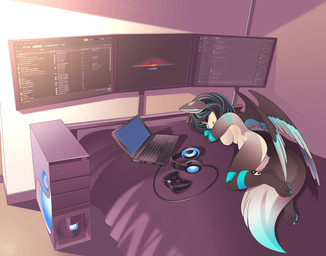anthro bed bedroom black_hair breasts computer controller dipstick_tail electronics eyes_closed feathered_wings feathers female furniture game_controller hair headphones inside laptop lying markings monitor multicolored_hair nude sleeping slice_of_life smile solo tail tail_markings tattoo text two_tone_hair wings rudragon canid canine mammal 2017 digital_media_(artwork) english_text