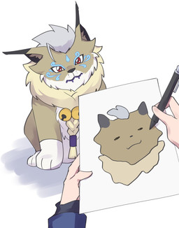 bell bell_collar braided_fur brown_body brown_fur collar confusion drawing_in_a_drawing duo facial_markings feral fur head_markings humor male markings red_eyes tusks lws4cydxt bandai_namco digimon digimon_beatbreak kyo_sawashiro cougarmon digimon_(species) human mammal hi_res