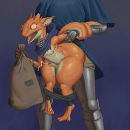 4_fingers 4_toes 5_fingers anal anal_penetration anthro anthro_penetrated arm_pull armor balls big_butt biped black_bottomwear black_claws black_clothing black_pants blue_background bodily_fluids bottomwear bottomwear_down bracelet brown_clothing brown_gloves brown_handwear butt claws clothed clothed_anthro clothed_human clothed_male clothing cum cum_while_penetrated cumshot duo ear_piercing ear_ring ejaculation erection faceless_character faceless_human faceless_male feet fingers forked_tongue gauntlets genital_fluids genitals glans glistening glistening_body glistening_eyes glistening_genitalia glistening_glans glistening_penis glistening_scales gloves greaves hands-free handwear holding_bag holding_object human_on_anthro human_penetrating human_penetrating_anthro humanoid_genitalia humanoid_penis inner_ear_fluff interspecies jewelry larger_human larger_male lifting_partner male male/male male_anthro male_human male_on_anthro male_penetrated male_penetrating male_penetrating_anthro male_penetrating_male mismatched_genitalia mismatched_humanoid_penis mismatched_penis multicolored_body multicolored_scales multicolored_tail neck_grab non-mammal_balls notched_ear obscured_penetration open_mouth orange_body orange_scales orange_tail pants pants_down partially_clothed partially_clothed_anthro partially_clothed_male penetration penile penile_penetration penis penis_in_ass piercing pink_glans pupils ring_piercing scales sex shortstack shortstack_male simple_background size_difference slit_pupils small_balls small_penis smaller_anthro smaller_male solo_focus spiked_tail spikes spikes_(anatomy) standing tail tail_around_arm tan_balls tan_body tan_inner_ear_fluff tan_penis tan_scales tan_tail tears teeth thick_thighs toe_claws toes tongue tongue_out tuft two_tone_body two_tone_scales yellow_sclera goldcrustedchicken human kobold mammal scalie 1:1 2026 absurd_res digital_media_(artwork) hi_res