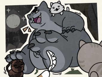 3_toes anthro brown_body brown_fur cheek_tuft claws eyebrows facial_tuft fangs feet feral finger_claws foot_fetish fur fur_tuft grey_body grey_fur group laugh loose_feather moon navel nude_anthro one_eye_closed open_mouth open_smile outie_navel overweight overweight_anthro size_difference smile tail teeth tickle_fetish tickling tickling_feet toe_claws toes tuft white_body white_fur white_loose_feather patugh mewgenics guillotina_(mewgenics) domestic_cat felid feline felis mammal 4:3 hi_res female_(lore)