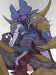 abs ambiguous_gender armor blush bottomwear claws clothing erection finger_claws loincloth mask not_furry simple_background size_difference white_background eater_ssc destiny_(video_game) mithrax eliksni digital_drawing_(artwork) digital_media_(artwork) hi_res