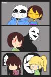 blue_eyes blush bodily_fluids bone brown_hair clothing eyes_closed female group hair hoodie male not_furry question_mark red_eyes skeleton smile sweat sweatdrop topwear vertical_bar_eyes yellow_body yellow_skin oh-onii undertale undertale_(series) yume_nikki chara_(undertale) frisk_(undertale) gaster madotsuki monoe poniko sans_(undertale) uboa animated_skeleton human mammal undead 2:3 crossover hi_res