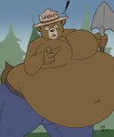 5_fingers anthro belly belt big_belly big_butt black_nose blue_bottomwear blue_clothing blue_jeans blue_pants bottomwear brown_belly brown_belt brown_body brown_fur bulge butt chest_tuft clothed clothing denim denim_bottomwear denim_clothing evergreen_tree exclamation_point fingers fist fur gesture hand_gesture hat headgear headwear holding_object holding_shovel holding_tool huge_belly hyper hyper_belly inflation jeans looking_at_viewer male navel open_mouth outside overweight pants pine_tree pink_tongue plant pointing pointing_at_viewer ranger_hat shirtless_anthro shirtless_male shovel solo tail text text_on_clothing text_on_headwear thick_thighs tongue tools tree tuft wide_eyed wide_hips cleverfoxman united_states_forest_service smokey_bear bear mammal 2020 english_text hi_res