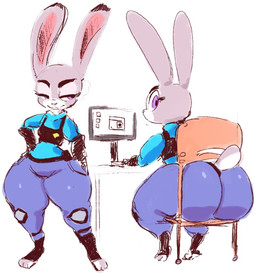 3_toes anthro big_butt black_body black_fur breasts butt butt_squish chair clothed clothing computer electronics eyebrows feet female fully_clothed fur furniture grey_body grey_fur hand_on_hip huge_butt long_ears looking_back multicolored_body multicolored_fur narrowed_eyes on_chair purple_eyes simple_background sitting sitting_on_chair solo squish standing tail thick_thighs through_chair toes uniform white_background white_body white_fur wide_hips kiseff disney zootopia judy_hopps lagomorph leporid mammal rabbit digital_media_(artwork) unavailable_at_source