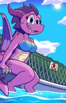 anthro bikini blue_eyes breasts cleavage clothed clothing cloud dutch_angle eyelashes female freckles hair happy horn low-angle_view membrane_(anatomy) navel pink_body purple_body purple_hair purple_scales scales sign sky solo sun swimming_pool swimwear tail thick_tail toony two-piece_swimsuit wings jurassiczalar european_mythology mythology crystal_(jurassiczalar) zarland_rex dragon mythological_creature mythological_scalie scalie western_dragon absurd_res digital_media_(artwork) hi_res