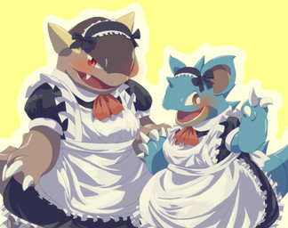 alternative_fashion anthro biped black_eyes blue_body blush brown_body claws clothed clothing duo fangs female goth gothic_lolita hand_holding horn j-fashion lolita_(fashion) maid_uniform open_mouth red_eyes simple_background smile standing teeth uniform yellow_background biozs nintendo pokemon generation_1_pokemon kangaskhan nidoqueen pokemon_(species) scalie 2015