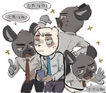 annoyed anthro cellphone clothed clothing cross-popping_vein duo electronics male necktie phone simple_background smartphone text white_background rusjerry aggretsuko sanrio anai_(aggretsuko) haida_(aggretsuko) badger hyena japanese_badger mammal meles mustelid musteline spotted_hyena hi_res japanese_text translation_request