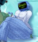 big_breasts big_butt blurred_background breasts butt cigarette cleavage clothed clothing duo extreme_size_difference female flare_pants frown huge_breasts larger_female machine male male/female micro nipple_outline screen screen_face size_difference sleeping smaller_male teenagebratwurst forbidden_pants nickelodeon spongebob_squarepants karen_plankton sheldon_j._plankton humanoid marine plankton_(species) robot robot_humanoid absurd_res hi_res