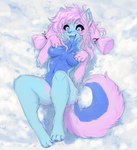 anthro barely_visible_pawpads biped blue_body blue_claws blue_eyes blue_fur blue_nose blue_pawpads blue_tongue breasts claws featureless_breasts feet female fluffy fur hair happy lying on_back open_mouth open_smile outside pawpads paws pigtails pink_hair slim_anthro slim_female smile snow solo sparklefur tail tongue tongue_out kolae kolae_(character) canid canine canis domestic_dog husky mammal nordic_sled_dog spitz 2023 hi_res