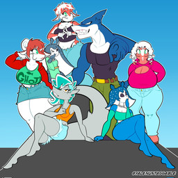 abstract_background antennae_(anatomy) anthro barefoot black_sclera blue_body blue_hair blue_skin bottomwear cleavage_cutout clothing covering covering_mouth curly_hair cutout denim denim_bottomwear denim_clothing denim_shorts denim_skirt fangs featureless_feet feet female fin gesture gills green_eyes grey_body grey_skin group hair hair_bun hand_gesture male plantigrade pointing pointing_at_viewer shirt shorts skirt smile smirk tail tank_top teeth thong topwear underwear v_sign whiskers yellow_eyes yalen-the-untaggable fan_character rubyblu amur_carp aquatic carp cyprinid cypriniform fish koi manta_ray ray_(fish) shark typical_carp 1:1 hi_res signature