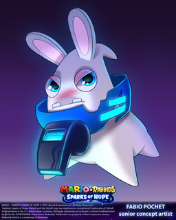 ambiguous_gender blue_collar blue_eyes blush buckteeth_(lower_incisors) collar copyright_symbol featureless_legs flying furrowed_eyebrows gradient_background light long_ears mouth_closed noseless purple_background quadruped simple_background solo symbol tan_eyelids tan_inner_ear text title whistle_(object) whistle_around_neck white_body white_skin year fabio_pochet mario_bros mario_plus_rabbids_sparks_of_hope nintendo raving_rabbids rayman_(series) ubisoft oozer_master spark_(mario_plus_rabbids) 2023 4:5 absurd_res artist_name colored concept_art digital_drawing_(artwork) digital_media_(artwork) english_description english_text full-length_portrait hi_res lighting official_art portrait shaded