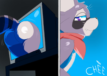 anthro big_butt butt electronics male simple_background solo television through_screen cheetaaaaaah indigo_park rambley_raccoon mammal procyonid raccoon absurd_res cel_shading hi_res shaded