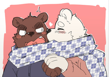 anthro blush clothed clothing duo eyes_closed heart_symbol humanoid_hands kissing male overweight overweight_male scarf simple_background kotadash bear mammal polar_bear ursine 2015