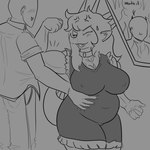 5_fingers anthro belly belly_grab biceps big_belly big_breasts blush breasts clothing cross-popping_vein dialogue duo eyelashes eyes_closed facial_horn female fingers flexing flexing_bicep head_spikes horn huge_thighs jacket long_tail male male/female muscular muscular_arms nipple_outline nose_horn overweight overweight_anthro overweight_female snout spiked_tail spikes spikes_(anatomy) tail text thick_thighs topwear arsenic_iii cavemanon_studios goodbye_volcano_high snoot_game anon_(snoot_game) rosa_(gvh) aquilops ceratopsian dinosaur human mammal ornithischian prehistoric_species reptile scalie 1:1 2023 black_and_white english_text hi_res monochrome