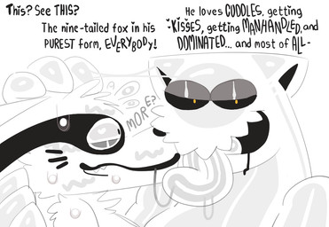 anthro blush dialogue duo making_out male male/male simple_background text tongue tongue_out white_background koalarobot_(artist) naruto kurama shukaku canid canine fox mammal raccoon_dog tailed_beast tanuki 2026 digital_media_(artwork) english_text story story_in_description