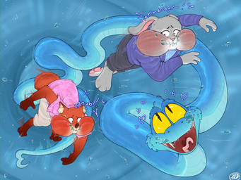 air_bubble anthro asphyxiation blue_body blue_scales drowning fangs female feral fur grey_body grey_fur group male mondotastic orange_body orange_fur pawpads paws pointy_ears puffed_cheeks rabbit_ears scales teeth trio underwater water yellow_eyes disney zootopia gary_de'snake judy_hopps nick_wilde canid canine european_rabbit fox lagomorph leporid mammal oryctolagus pit_viper rabbit red_fox reptile scalie snake true_fox viper 4:3 hi_res