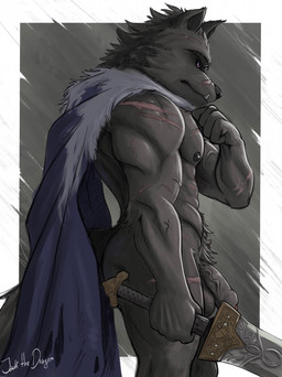 abs abstract_background anthro balls cape cape_only clothed clothing fangs flaccid foreskin fur genitals grey_body holding_melee_weapon holding_object holding_sword holding_weapon humanoid_genitalia humanoid_penis male melee_weapon mostly_nude muscular muscular_anthro muscular_male nipples partially_clothed penis pubes purple_eyes scar side_view simple_background solo standing sword tail teeth weapon jack_the_dragon elden_ring fromsoftware mythology blaidd_(elden_ring) canid canine canis mammal mythological_canine mythological_creature werecanid werecanine werecreature werewolf wolf hi_res