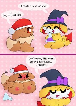 >_< ambiguous_gender big_breasts blush bow_ribbon breast_growth breasts brown_body brown_fur busty_feral christmas_clothing christmas_headwear clothing dialogue dotted_background duo eyes_closed female feral fur gesture gift giggling growth hands_on_own_breasts hat headgear headwear holidays huge_breasts moan open_mouth pattern_background potion potion_bottle prank santa_hat shrug simple_background sitting smile speech_bubble tail text tilde_after_text tricked tuft two_panel_image witch_hat yellow_body yellow_fur espurr_tea april_fools'_day christmas nintendo pokemon eevee fennekin generation_1_pokemon generation_6_pokemon pokemon_(species) comic english_text hi_res