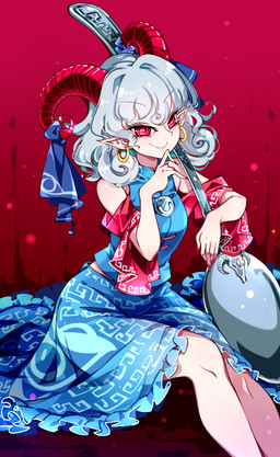 accessory blue_bottomwear blue_clothing blue_skirt bottomwear bovid_horn caprine_horn clothing colored_nails curly_hair cutlery ear_piercing ear_ring female fingernails frilly frilly_bottomwear frilly_clothing frilly_skirt furgonomics grey_hair hair horizontal_pupils horn horn_accessory horn_ribbon humanoid_pointy_ears kitchen_utensils long_fingernails nails piercing pointy_ears pupils red_eyes red_fingernails red_horn red_nails red_sleeves ribbons ring_piercing sharp_fingernails sharp_nails sitting skirt smile solo spoon tools raptor7 touhou yuuma_toutetsu animal_humanoid bovid bovid_humanoid caprine caprine_humanoid horned_humanoid humanoid mammal mammal_humanoid absurd_res hi_res