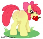 accessory anus apple bow_(feature) bow_accessory bow_ribbon butt female feral food fruit genitals hair_accessory hair_bow hair_ribbon looking_back plant pussy ribbons solo young young_feral ponyclopsasaurus friendship_is_magic hasbro my_little_pony apple_bloom_(mlp) earth_pony equid equine horse mammal pony