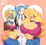 absurd_res activision akeno_(itsnafulol) anthro bandicoot big_breasts blonde_hair blue_hair bottomwear breast_size_difference breasts canon_x_oc clothing crash_bandicoot_(series) denim denim_bottomwear denim_clothing female female/female fingerless_gloves gloves green_eyes group gynomorph gynomorph/female hair hair_between_eyes handwear hi_res holding_belly huge_breasts human human_on_anthro intersex intersex/female interspecies jacket jeans lipstick looking_at_viewer louisesait makeup mammal marsupial mascara pants pirate_tawna polyamorus_pregnancy pregnant pregnant_anthro pregnant_female shirt smile tank_top tawna_bandicoot thick_thighs topwear wide_hips