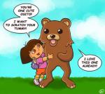 3_toes anthro backpack brown_body brown_fur clothing cloud duo feet female footwear fur grass male map outside plant shoes sky text toes young young_female young_human ekuhvielle dora_the_explorer dora_marquez map_(dora_the_explorer) pedobear bear human mammal comic english_text low_res meme