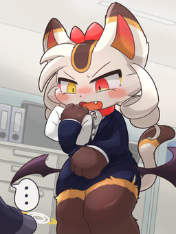 anthro bat_wings biped blue_clothing blue_suit blush blush_lines brown_body brown_ear_tips brown_ears brown_fur brown_tail brown_tail_tip business_suit cheek_tuft clothed clothed_anthro clothed_female clothing cute_fangs detailed_background dipstick_ears dipstick_tail disembodied_hand duo ear_markings ellipsis facial_tuft fangs female female_anthro front_view fully_clothed fully_clothed_anthro fully_clothed_female fur handpaw heterochromia hip_wings holding_object holding_paper horn inside kemono markings membrane_(anatomy) membranous_wings multicolored_body multicolored_ears multicolored_fur multicolored_tail office open_mouth orange_inner_ear paper paws pupils red_eyes red_horn solo_focus speech_bubble standing suit tail tail_markings teeth tongue tuft unusual_wing_placement white_body white_ears white_fur white_tail wings yellow_body yellow_ears yellow_eyes yellow_fur yellow_tail chemteine devil_connection makemon maneko_(makemon) cat_demon demon domestic_cat felid feline felis mammal 2026 3:4 colored digital_media_(artwork) hi_res portrait shaded three-quarter_portrait