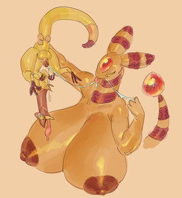 anthro areola balls big_areola big_breasts bodily_fluids breasts cum cum_string duo erection female genital_fluids genitals huge_breasts male male/female nipples penis puffy_nipples simple_background size_difference spiral spiral_eyes tail tongue tongue_out upside_down yellow_balls honhearthy nintendo pokemon ampharos generation_2_pokemon generation_6_pokemon heliolisk pokemon_(species)