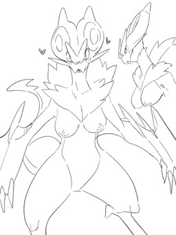 anthro areola big_breasts biped breasts claws female front_view fur heart_symbol looking_at_viewer mouth_closed nipples open_mouth pokemorph side_view simple_background solo standing tail white_background kame_3 nintendo pokemon generation_6_pokemon noivern pokemon_(species) hi_res monochrome